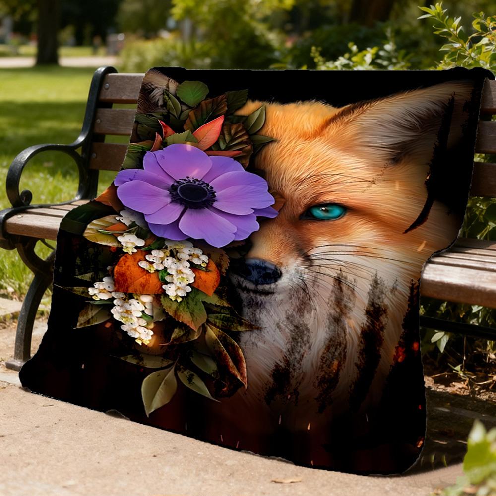 1pc Fox Flower Wreath Outdoor Flannel Blanket Soft All Season Polyester Throw , Perfect for Picnics & Travel , Picnic Accessory