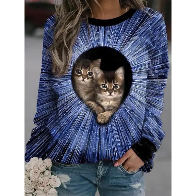Spring and Autumn Round Neck Casual 3D Cat Print Cute Little Fresh Sweatshirt Women's Casual Home Wear Versatile Women's Hoodie