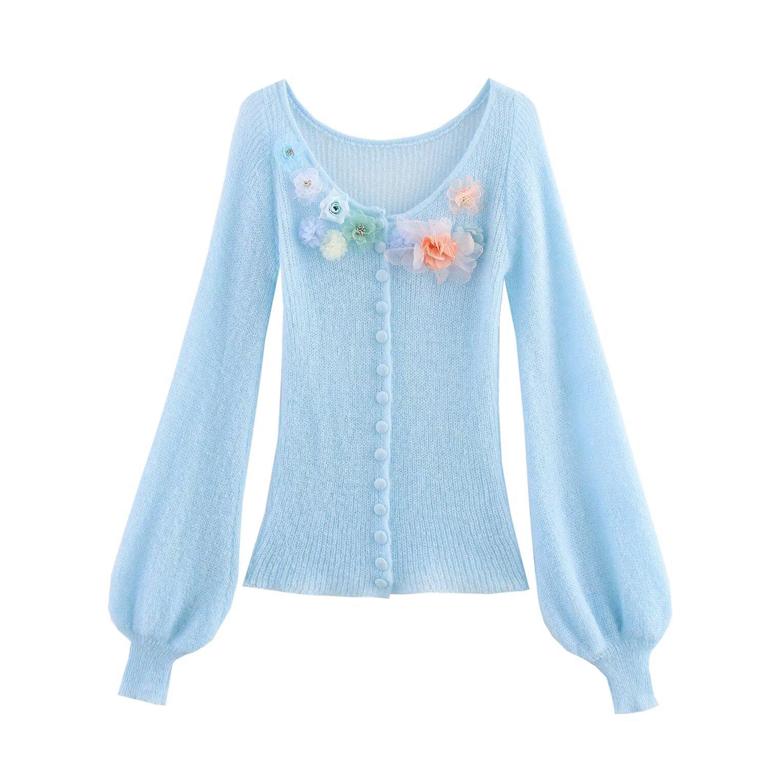 

Женский трикотажный кардиган с цветочным принтом в европейском и американском стиле, весна 2025 - Модный, Простой, Универсальный и Повседневный Large синий