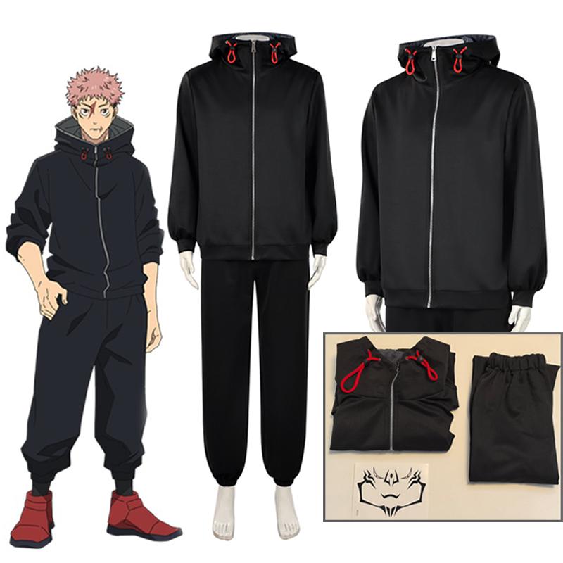 Set Costume Cosplay Yuji Itadori con Parrucca Giacca Nera Felpa Uniforme Anime Abbigliamento Sportivo Halloween Unisex