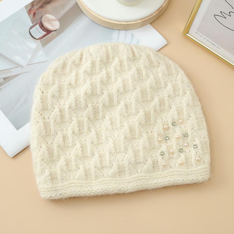 European and American Checked Pearl Dot Drill Rabbit Fur Pullover Hat Autumn and Winter Retro Versatile Wool Hat Outdoor Cold Warm Hat