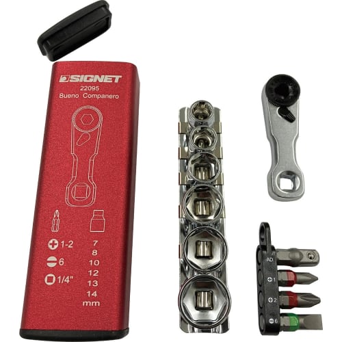 SIGNET Ultra Short Square Mini Ratchet Set, 1/4" Drive, 59.5mm Overall Length, Red, 22095