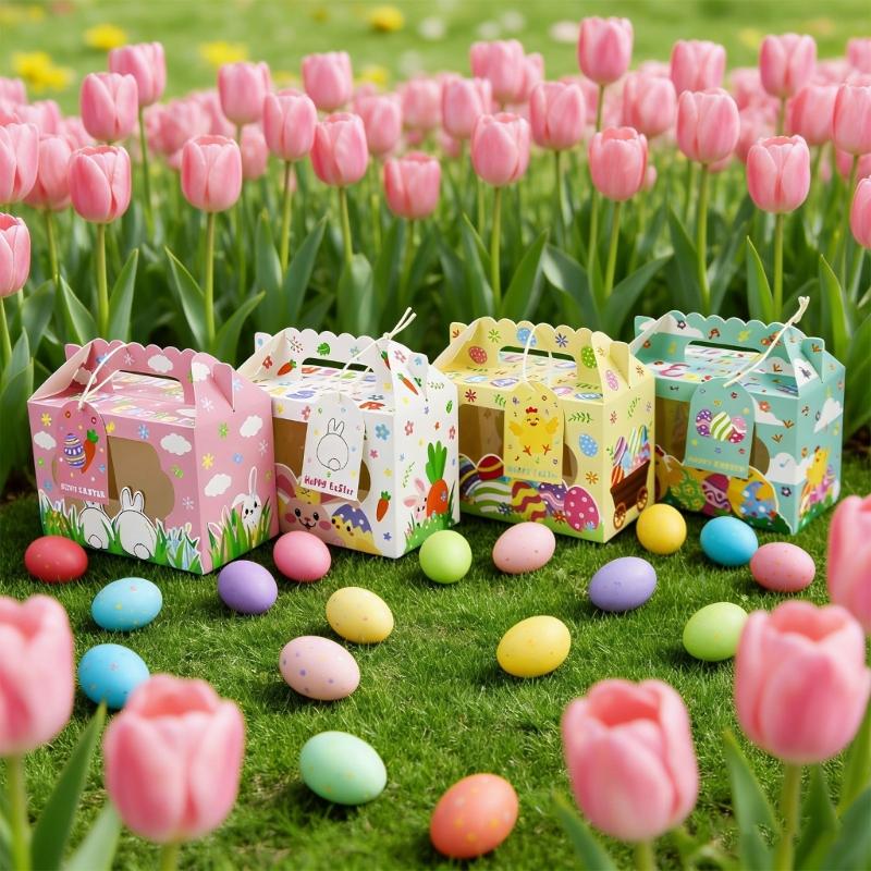 12Pcs Easter Themed Gift Packaging Boxes with Handles and Clear Window Candy Chocolate Holder Case for Holiday Supplies