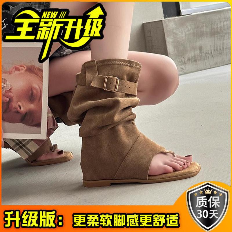 Fashion boots retro toe cool boots women's summer fashion new one-word buckle decorative bohemian wedge sandals
