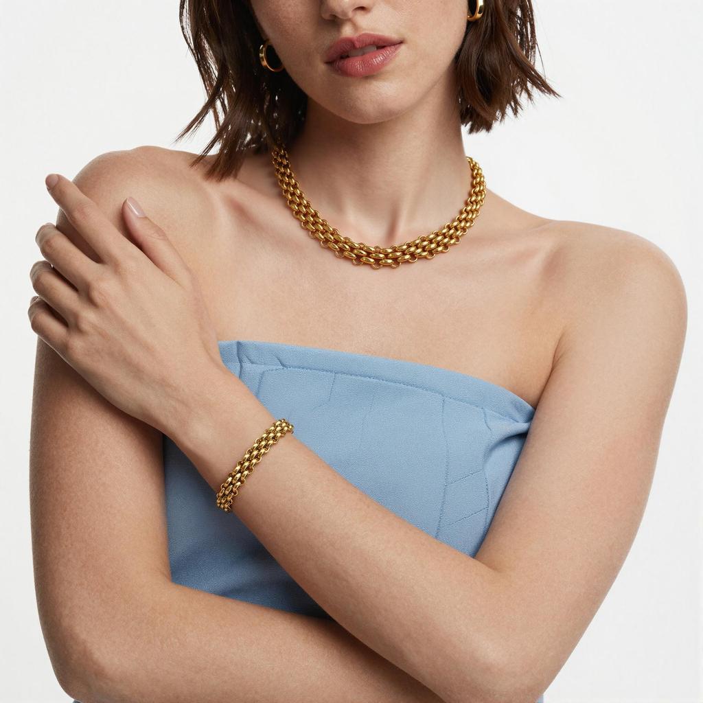 Set Collana e Bracciale con Catena Acciaio Inossidabile Placcato Oro 18K con Chiusura OT - Gioielli Hip Hop Unisex