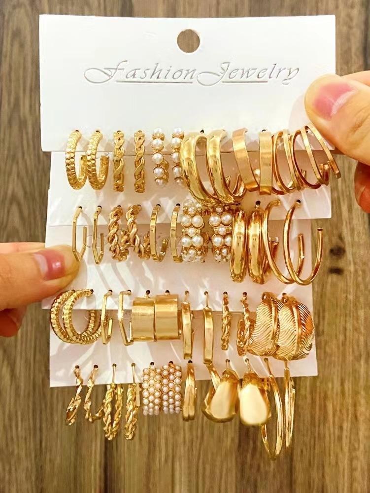 2026 Explosive Earrings Earrings Geometric Square Earrings Retro Pearl Card Set Alloy Earrings Earrings Combination