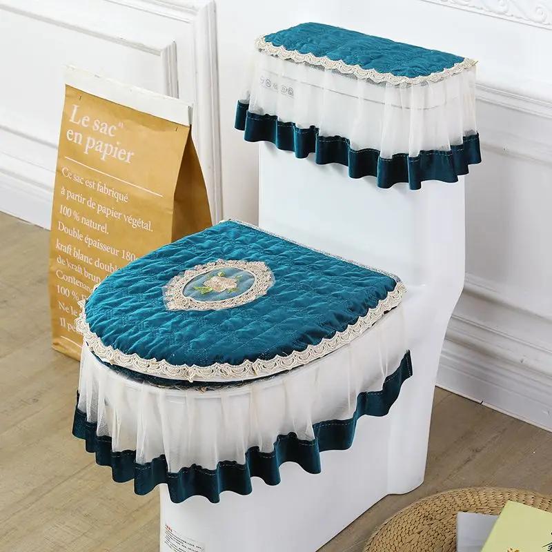 Ευρωπαϊκό κεντημένο πατάκι καθίσματος τουαλέτας Σετ τριών τεμαχίων Λούτρινο ζεστό ντουλάπι σκαμπό κάλυμμα σκόνης δαντέλα άκρο διάφανο μαξιλάρι καθίσματος τουαλέτας