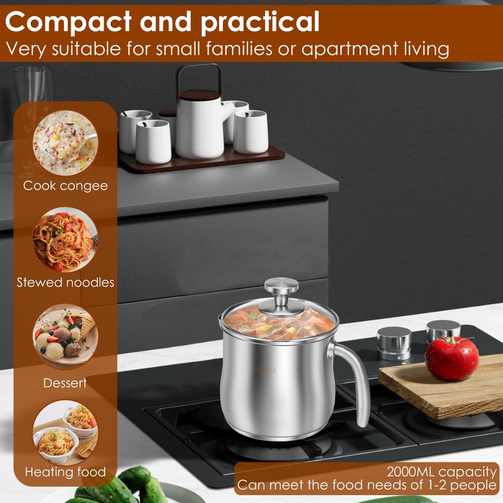 2000ML Stainless Steel Stock Pot For Soups Stews Household Noodle Cooking Pot Durable Easy to Clean Essential Kitchen Gadgets