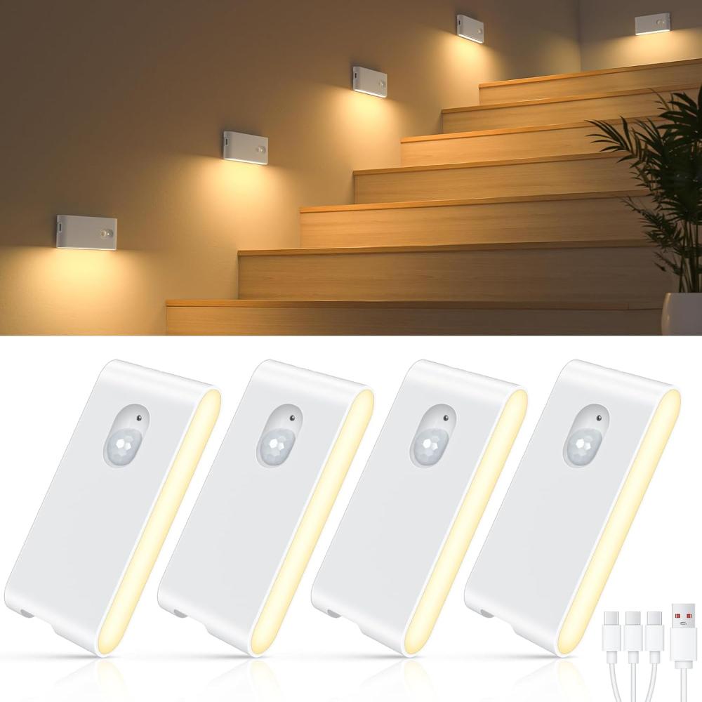 WILLED Night Light with Motion Alarm, 4 Pieces Rechargeable Stair Lighting with Motion Alarm, LED Night Light Children with 3 Modes (Auto/ON/OFF),
