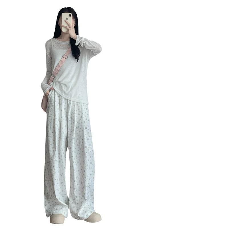 Women's White Floral High-Waist Wide-Leg Summer Pants - Loose Fit, Petite Size