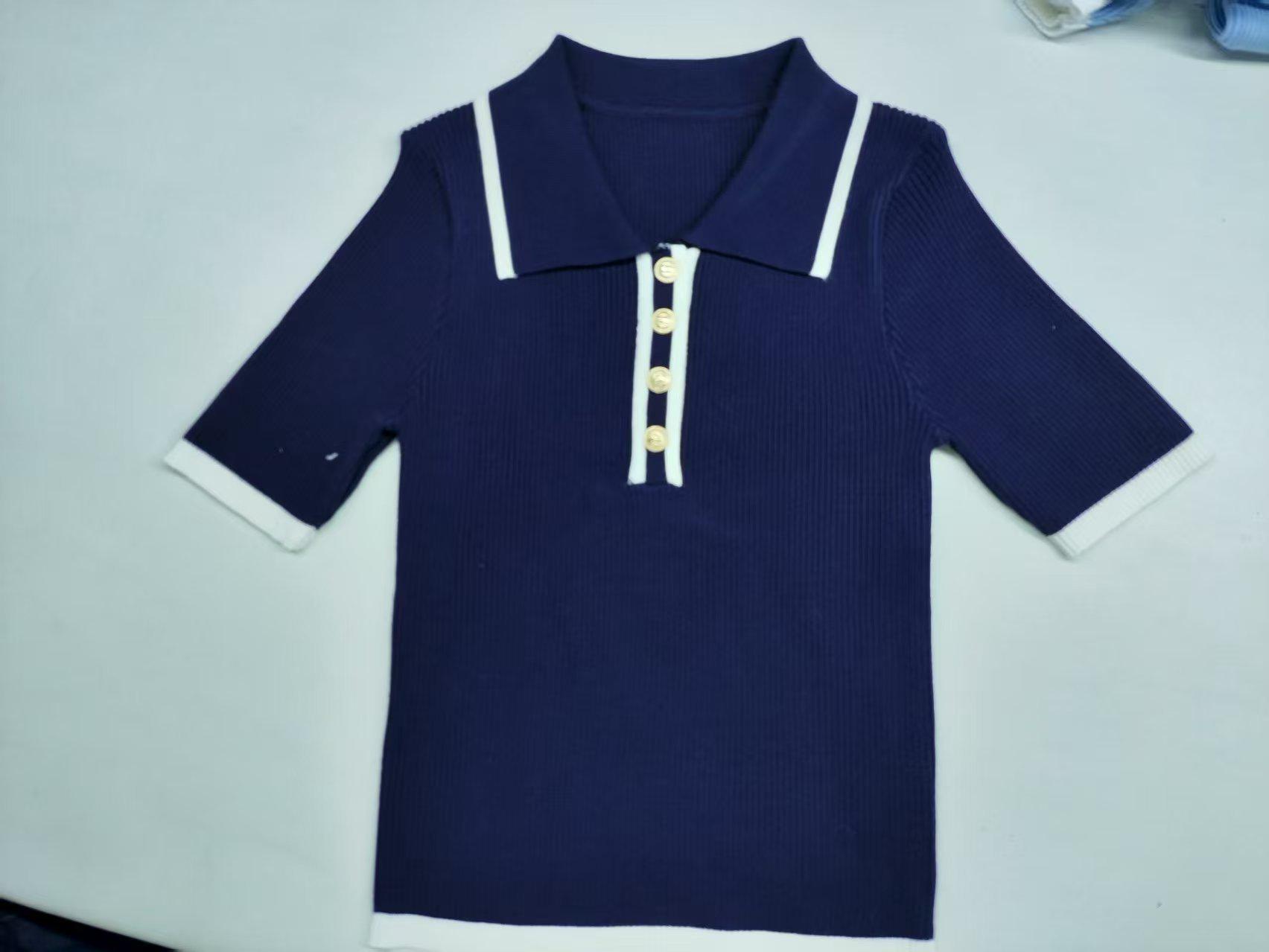 2025 Summer Ribbed Knit Lapel Top: Short-Sleeve, Contrasting Colors, European & American Style Large