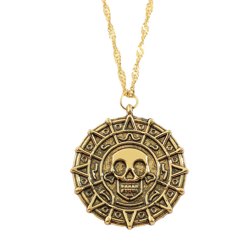 Pirates of the Caribbean Jack Sparrow Aztec Skeleton Skull Heads Coin Medallion Pendant Vintage Jewelry Necklace for