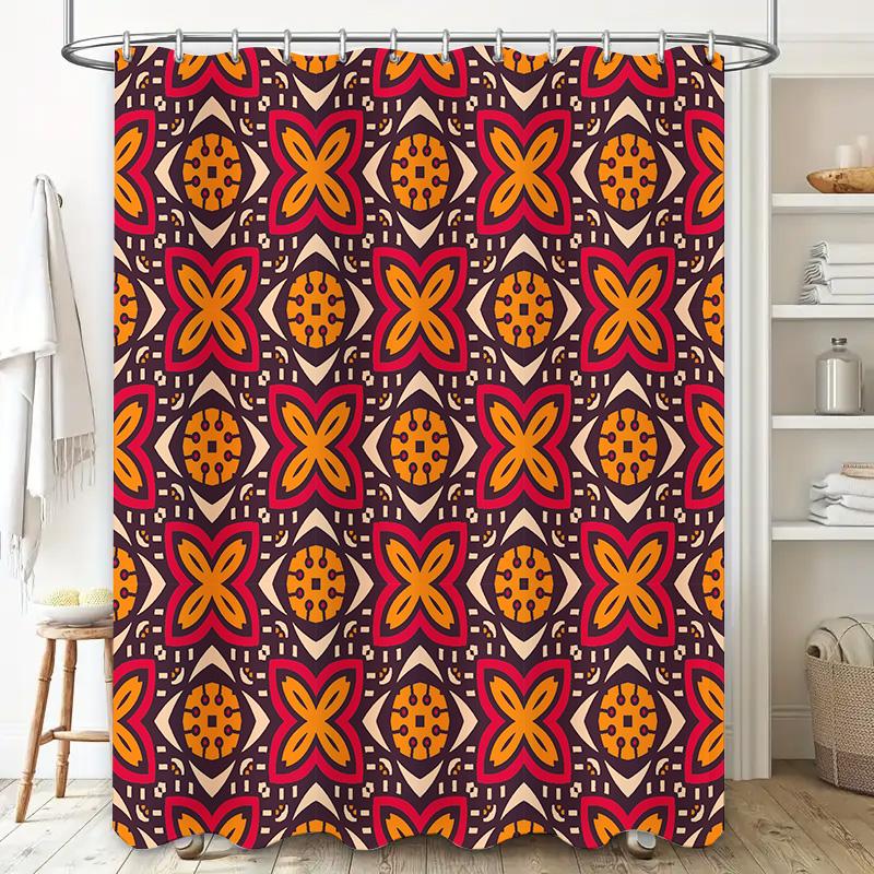 Vintage Style Shower Curtain with Geometric Pattern Decorative Bath Mat Set for Bathroom Renovations (Purple Orange Color)