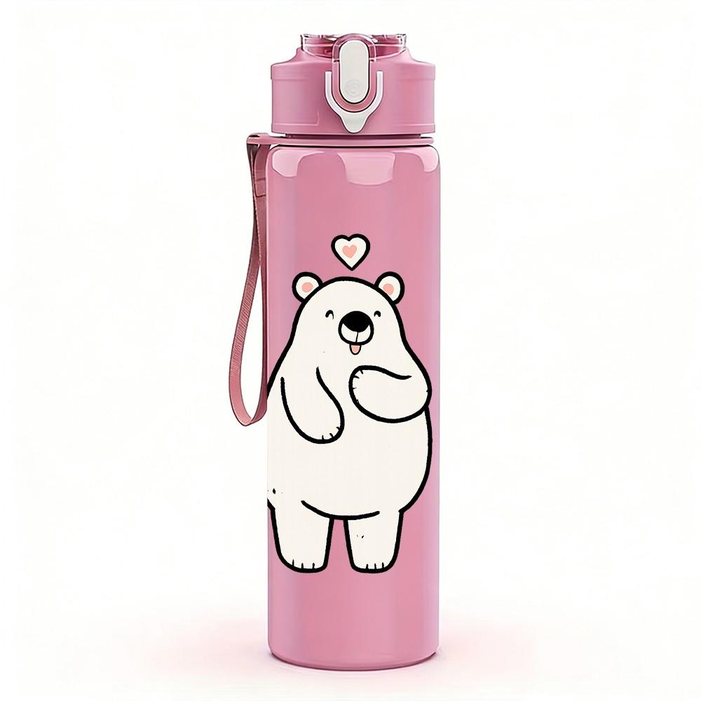 1PC White Polar Bear Heart 750ml Color Plastic Sports Water Bottle Leakproof Flip Straw Lid Suitable for Sports Office Home Use