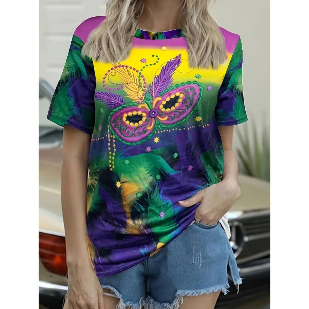 Full Print Women Mardi Gras Mask Pattern T Shirt Casual Short Sleeve Crew Neck Tees Shirt New In Party Tshirts Women's Clothing