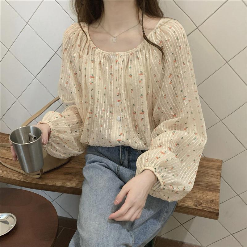 Elegant Loose Floral Sweet Printed Shirt Women Summer Spring O Neck Casual Thin Tops Office Long Sleeve Fashion Blouse Large Size See Through Clothing