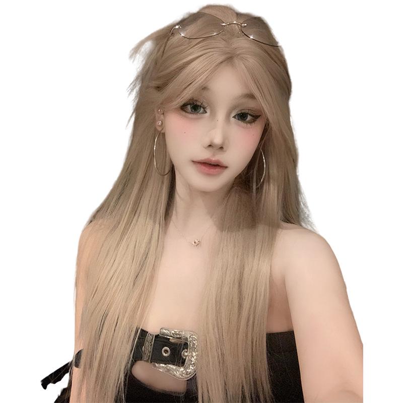 Perruque longue et lisse en dentelle grise et dorée Lolita – Style coréen pour un usage quotidien