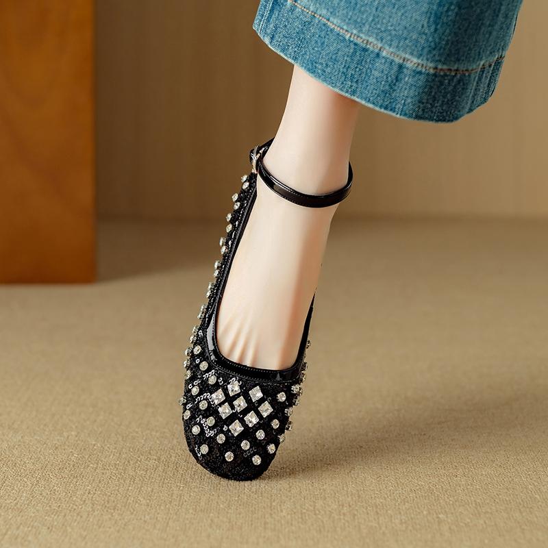 Fashion Women's new spring and summer round toe leather cowhide, Czech diamond elastic band, low heel comfortable casual single shoe