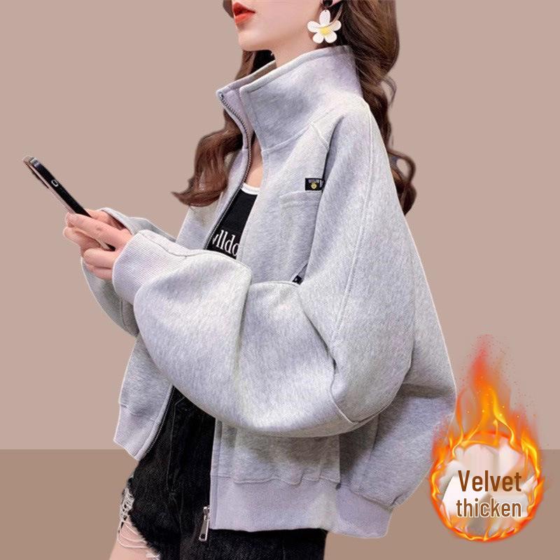 2025 Women's Casual Plus Size Fleece-Lined Baseball Jacket - Spring/Autumn Loose Cardigan Top