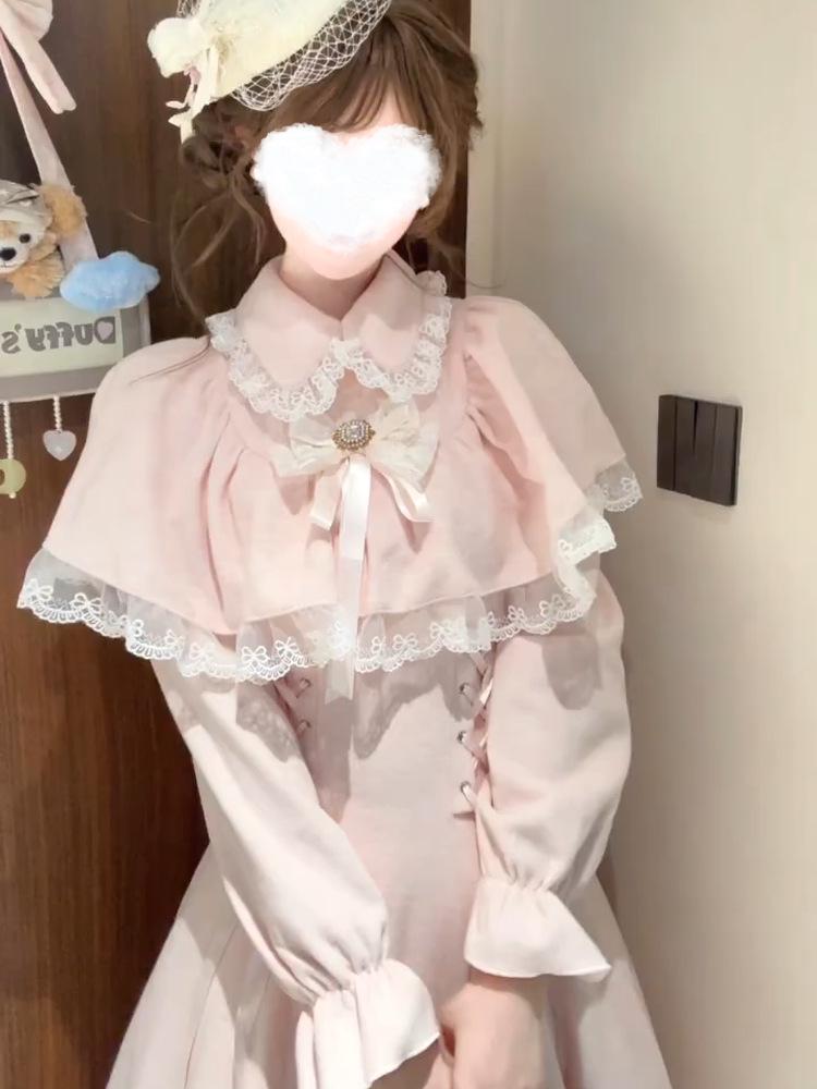 Sweet Pink Lolita Lace Patchwork Skirt with Bowknot & Clear Style Cloak