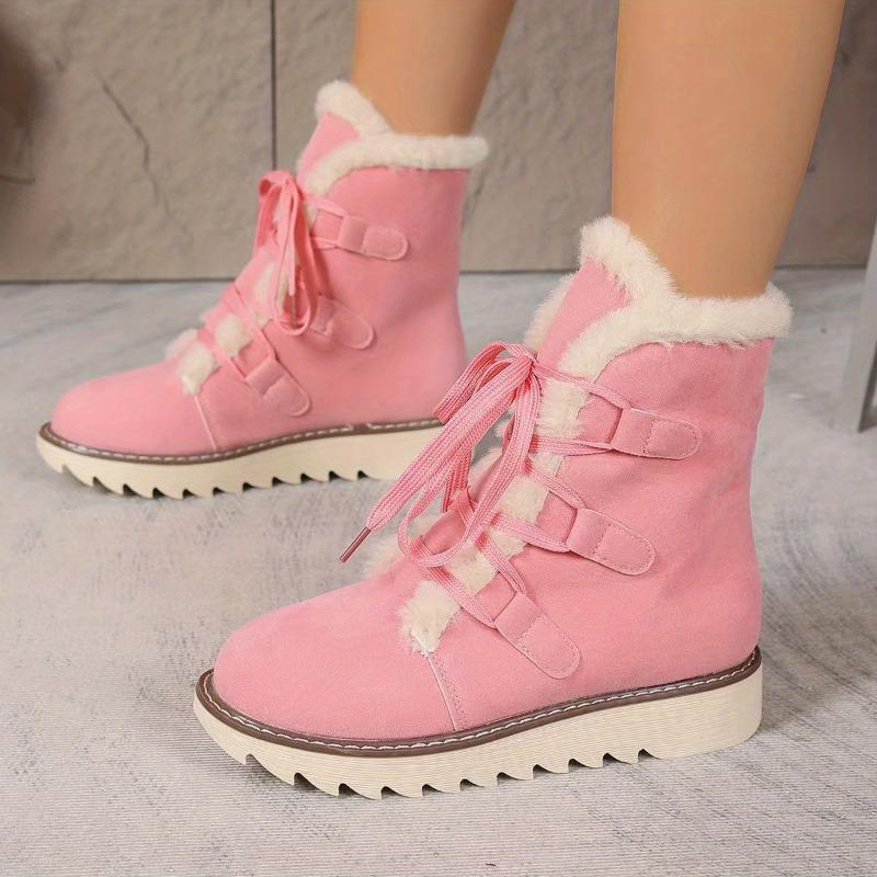 Women's Winter Boots with Thick Non-Slip Rubber Sole Pink Lace-Up High-Ankle Snow Boots