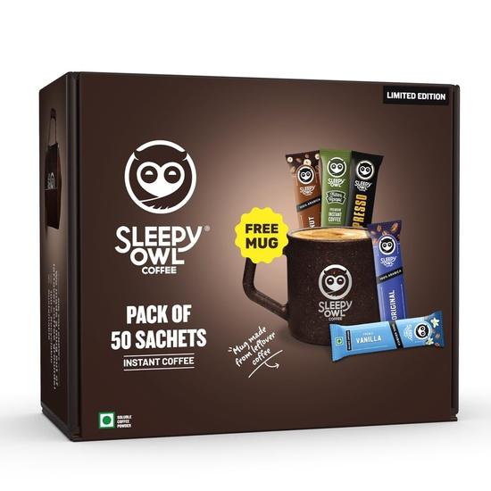 Sleepy Owl Instant Coffee Gift Pack | 50 Coffee Sachets + Free Mug | Assorted Flavours: Original, French Vanilla, Hazelnut, Xpresso & Filter Kaapi