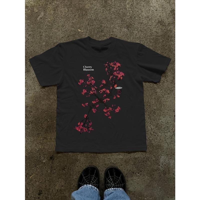 

Жіноча вінтажна футболка з принтом квітучої вишні, круглий виріз, короткий рукав, повсякденна, весна, літо, осінь, вуличний одяг, топ 4XL чорний