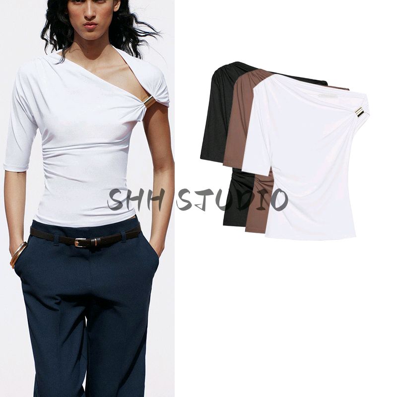 Spring and Summer New Women's Clothing Short Sleeve Multi-Color Selection Pure Color Chinlon Blended Asymmetric Minimalist Tops 1026164