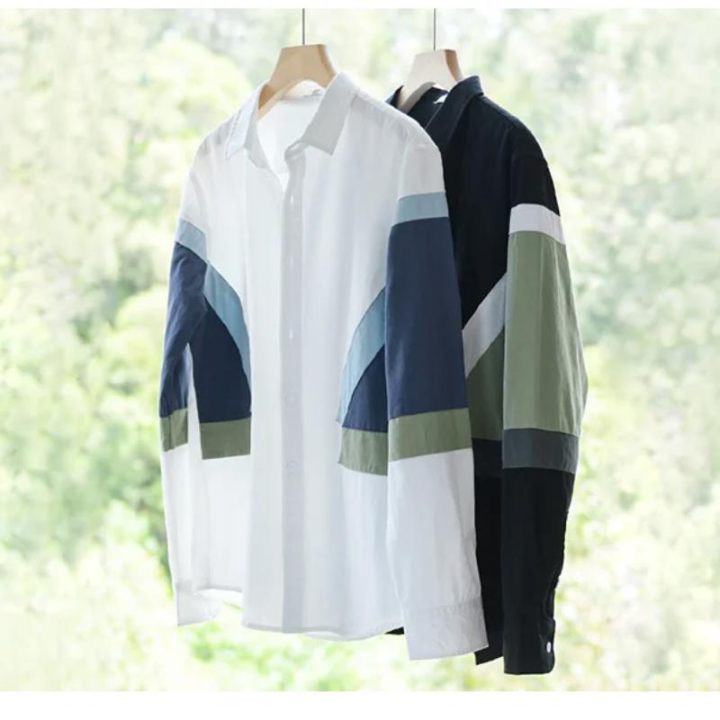 2024 New Fashion White Shirt Men Streetwear Youth Casual Long Sleeve Pure Cotton Shirt Stitching Design Men Tops Spring Loose Shirt