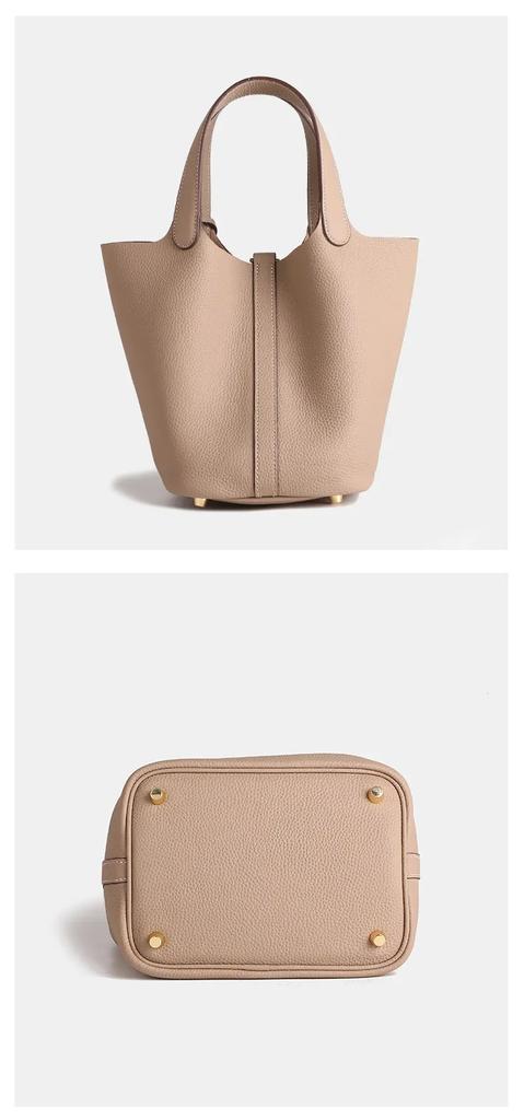 2025 Large Capacity Genuine Leather Commuter Handbag - Lychee Pattern Cowhide Bucket Bag