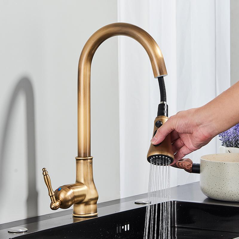 Antique Brass Kitchen Faucet Pull Out Spout Kitchen Faucets Black Single Hole Swivel Hot Cold Water Kitchen Mixer Tap Black