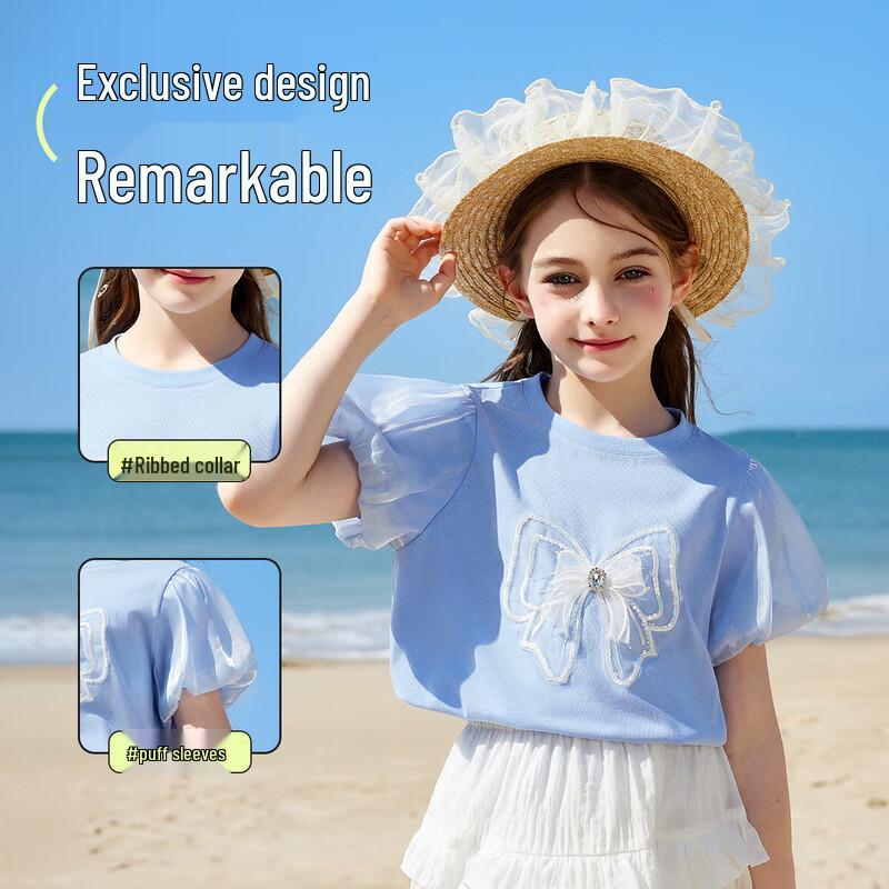 ASK JUNIOR Girls' Puff Sleeve 3D Bow T-Shirt