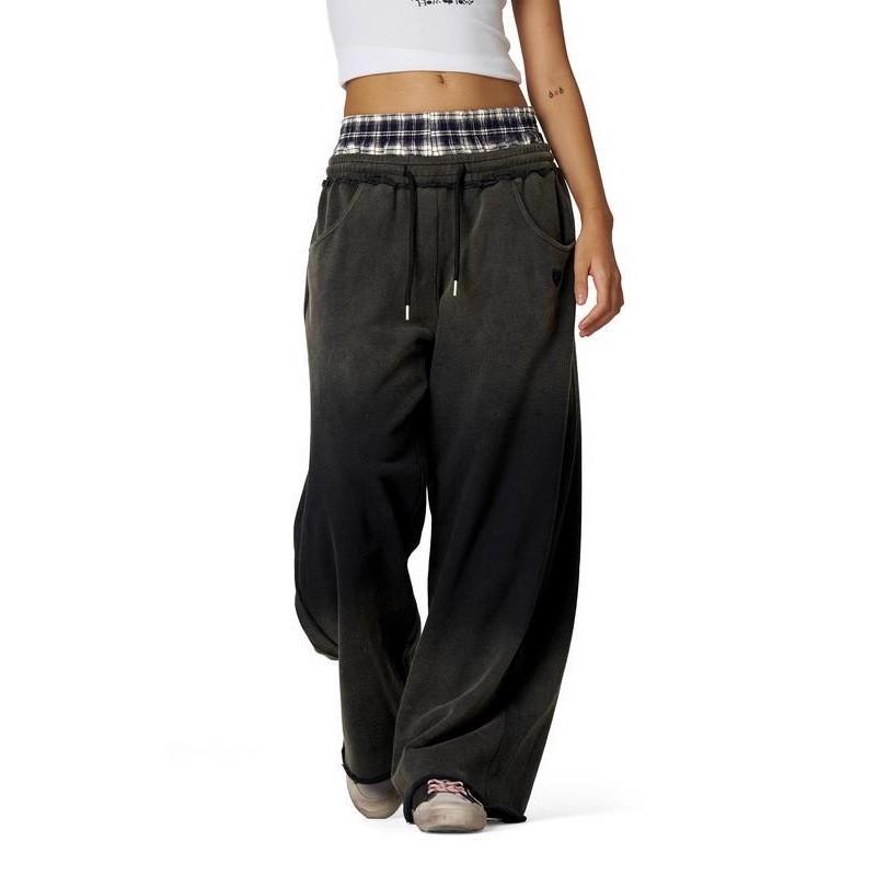 Pantalon de jogging unisexe rétro patchwork à carreaux brodé taille haute coupe ample coton-polyester 2025