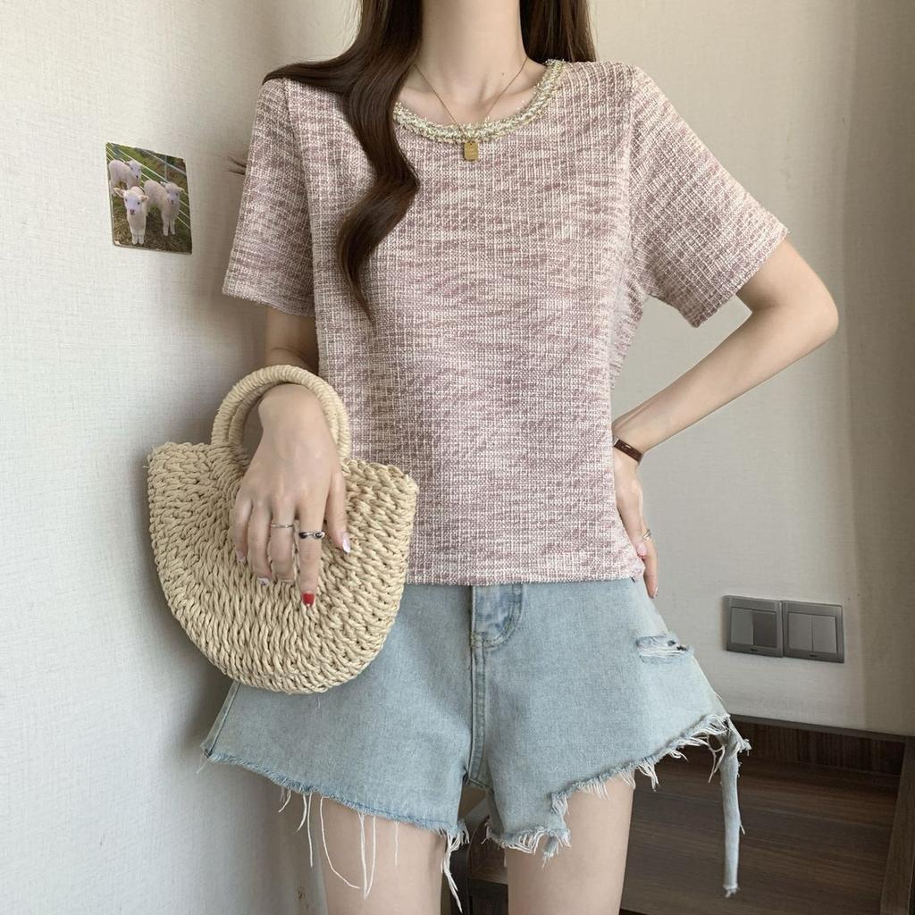 Retro Fashion Woven Plaid Top for Women's Summer Age Reduction and Stylish Versatile T-shirt