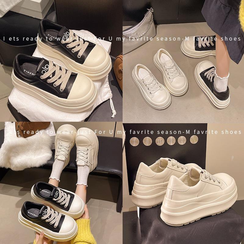 Casual Big Head Ugly Cute Bread Heightening Small Man Black and White White Shoes Muffin Thick Baseplate Shoes Woman