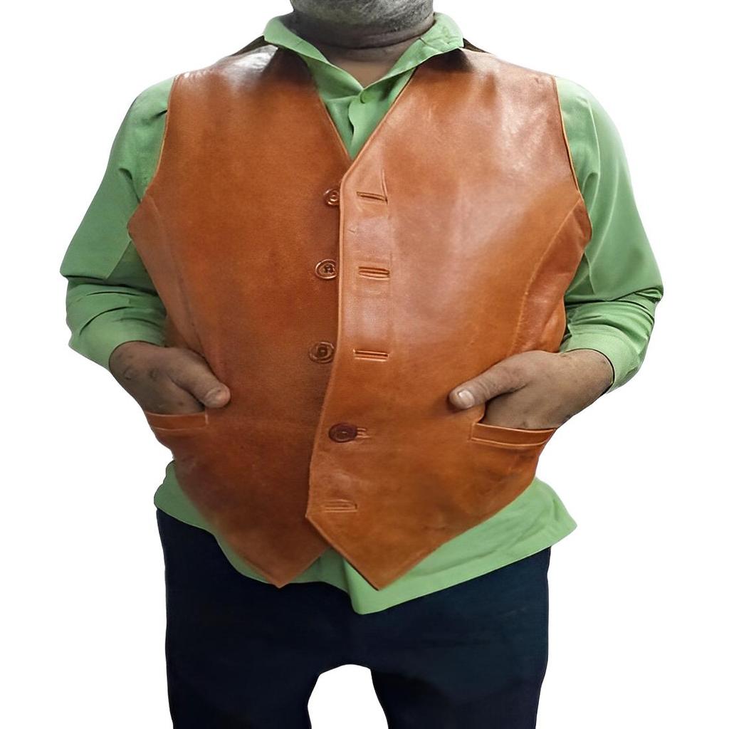 Noora Gilet de piele portocaliu ars pentru bărbați, cu închidere cu nasturi | Vestă din piele de designer | Gilet din piele Rider