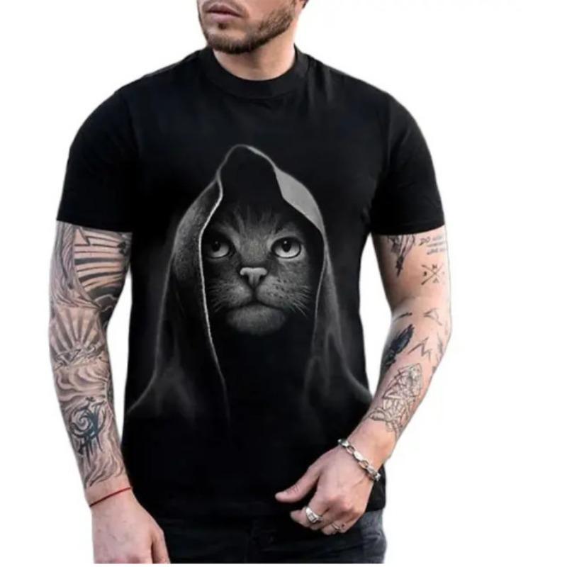 Summer Round Neck 3D Cat Print Top Fashionable Casual Short Sleeved Men's T-shirts