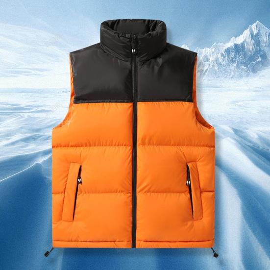 Men Cotton Waistcoat Stand Collar Sleeveless Patchwork Color Cotton Vest Coat with Pockets Elastic Drawstring Hem Zipper Placket Vest Outwear