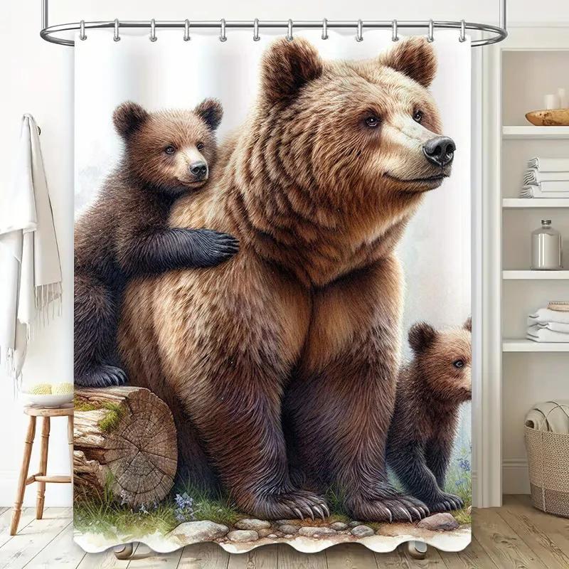 3D Printed Shower Curtain Featuring a Mother Bear with Her Cubs Waterproof Fabric Bathroom Decoration for Home Decor