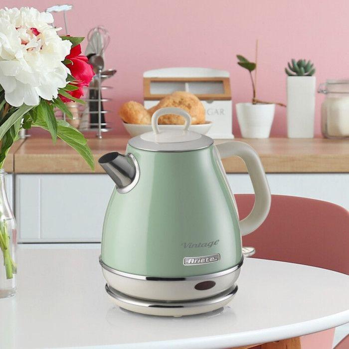 Bouilloire Vintage 1L Vert - ARIETE - 1630 Watt - Métal - Coulée Sans Fil - Socle 360 Degrés
