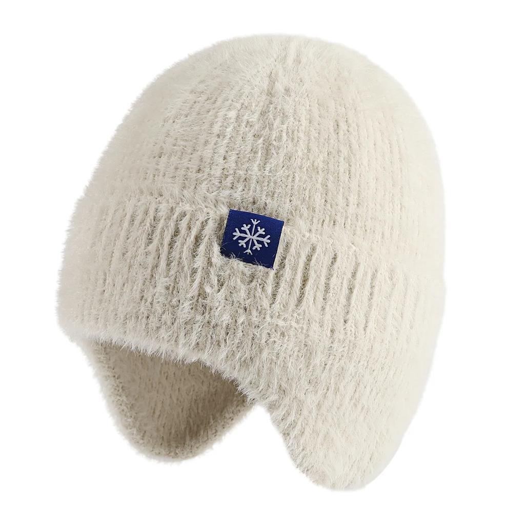 Winter Knit Earflap Beanie Soft Hat Outdoor Warm Woolen Snow Logo Plush Lined Brimmed Ski Skull Caps Blank Black Cold Hats