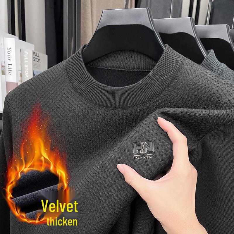 Men's Thick Plush Fleece Knit Top - Round Neck, Warm Base Layer for Winter/Autumn