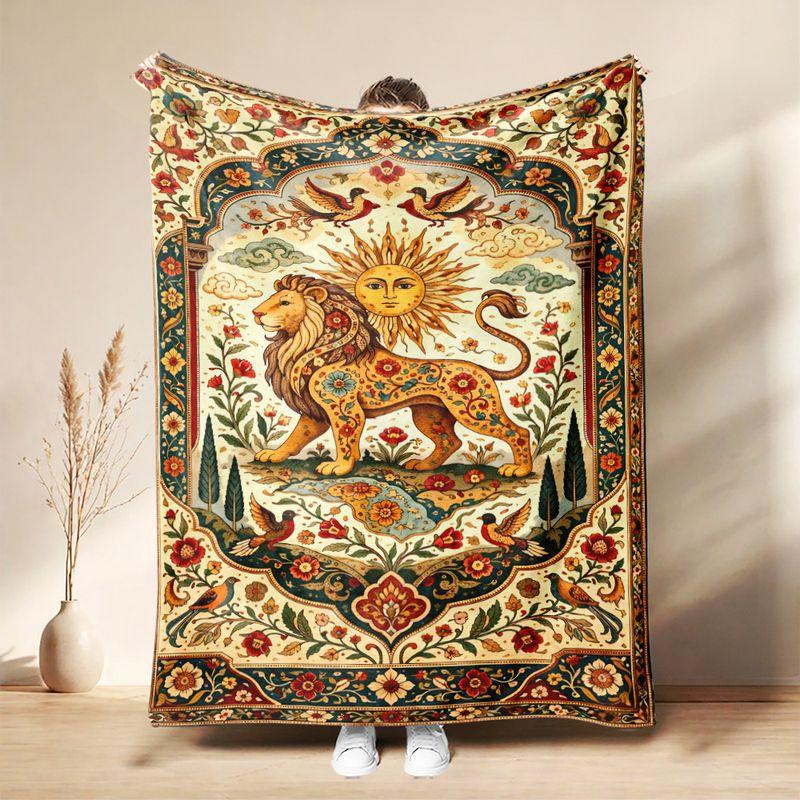 Medieval Wild Animal Flannel Throw Blanket Lion Tiger Leopard Floral Art Print Soft Warm Vintage Sofa Bedroom Home Decor