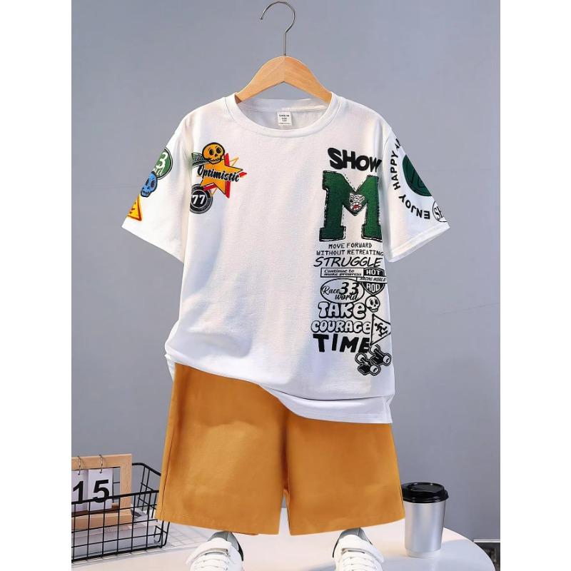 Summer Kids' Suit Boys' Loose Casual Crewneck Patterned Short-sleeved T-shirt and Shorts Comfortable Cool Tracksuit