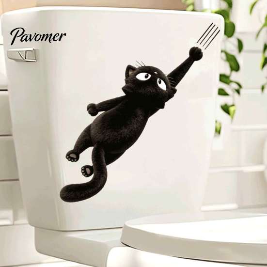 Waterproof Toilet Seat Decor Furry Black Cat Sticker, PVC Bathroom Decal, Removable Easy Peel Stickers Cute Animal Wall Art for Tank And Lid