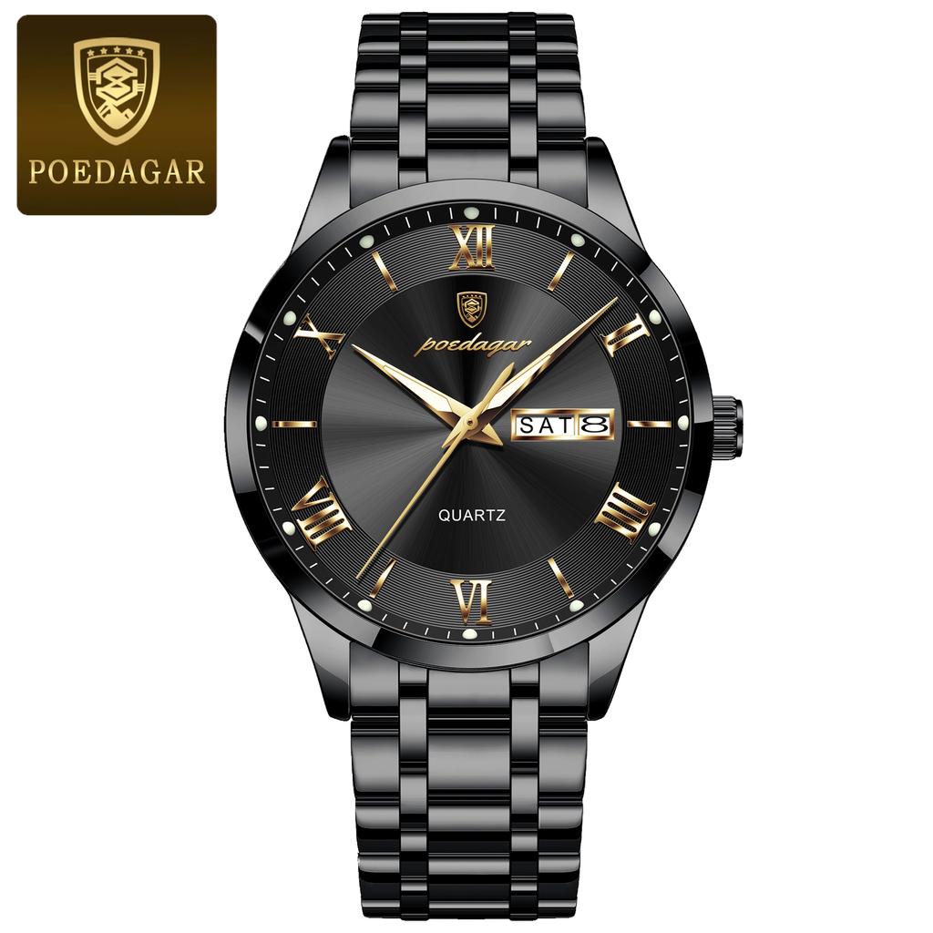 POEDAGAR Luxury Fashion Men Clock Waterproof Luminous Week Date Sports Wristwatch Stainless Steel Quartz Watches Reloj