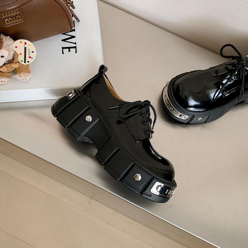 Fashion Women's new genuine leather cowhide thick soled waterproof platform high heels lace up college style single shoes casual shoes