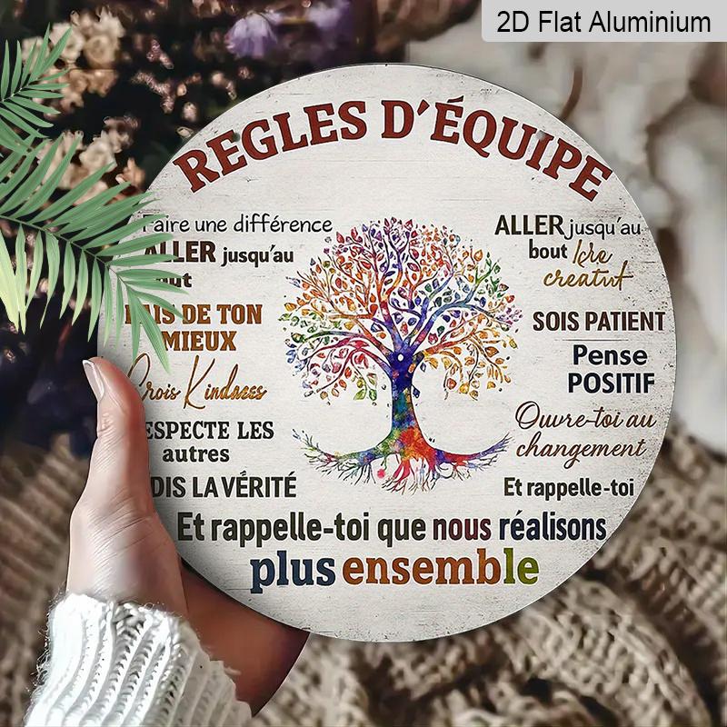 2D Flat, 1pc 7.87x7.87 Inch Round French Aluminum Sign, a Vintage Decorative Plaque About "Team Rules, " a "Positive Thinking" Decorative Sign