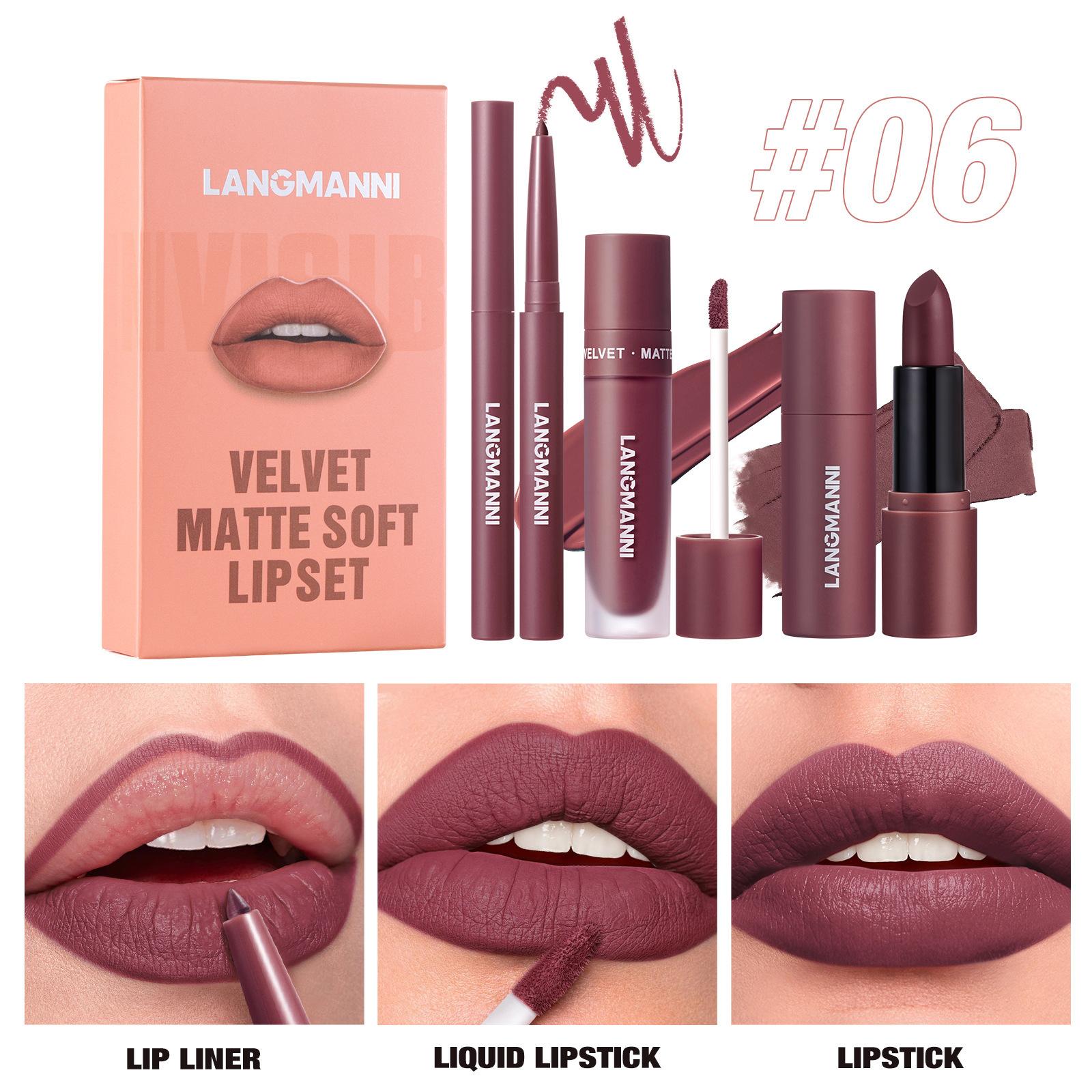 

LANGMANNI Шестицветный набор для губ Lip Liner Lipstick Жидкая помада 3 набора