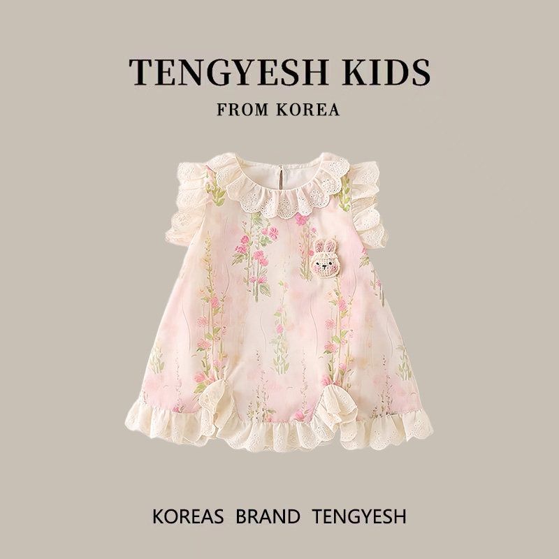 

Korean Tengyesh Baby Summer Outfit Romper for Girls, One-Piece Crawling Suit, Summer Dress, First Birthday Dress Pink Flowers 66